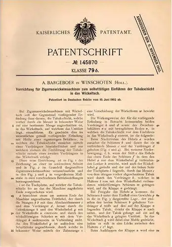 Original Patentschrift - A. Bargeboer in Winschoten , 1902 , Apparat für Zigarrenmaschine , Cigarre , Tabak !!!