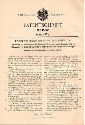 Original Patentschrift - Kämmer & Reinhardt in Waltershausen i. Th.,1903, Schlafaugen von Zelluloidpuppenköpfen , Puppen