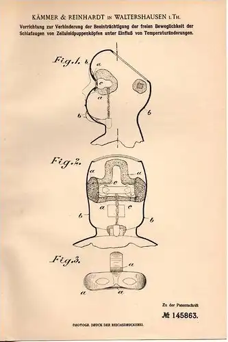 Original Patentschrift - Kämmer & Reinhardt in Waltershausen i. Th.,1903, Schlafaugen von Zelluloidpuppenköpfen , Puppen