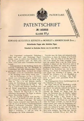 Original Patentschrift - E. Jeffreys in Moseley b. Bimingham , 1902 , Schreitende Puppe , Spielzeug !!!