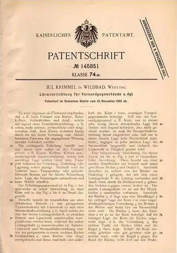 Original Patentschrift - J. Krimmel in Wildbad b. Calw , Württbg., 1902 , Alarmapparat für Versandpakete , Postbote !!!