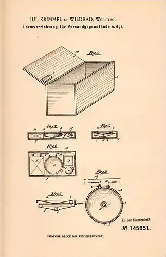 Original Patentschrift - J. Krimmel in Wildbad b. Calw , Württbg., 1902 , Alarmapparat für Versandpakete , Postbote !!!