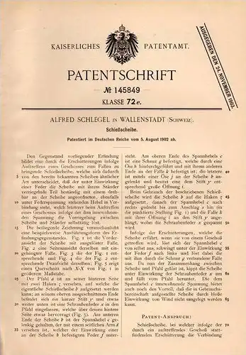 Original Patentschrift - A. Schlegel in Walenstadt , 1902 , Schießscheibe , Schiessplatz , Schiesstand !!!