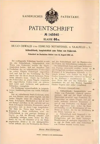 Original Patentschrift - H. Oswald und E. Methfessel in Saalfeld a.S. , 1902 , Schlachtbank zum Töten von Federvieh !!!