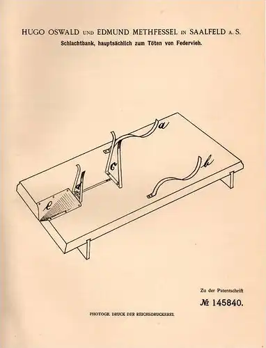 Original Patentschrift - H. Oswald und E. Methfessel in Saalfeld a.S. , 1902 , Schlachtbank zum Töten von Federvieh !!!