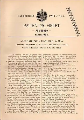 Original Patentschrift - A. Struwe in Essenberg b. Duisburg und Mörs ,1902, Leder - Reifen für Motorfahrzeuge u.Fahrrad