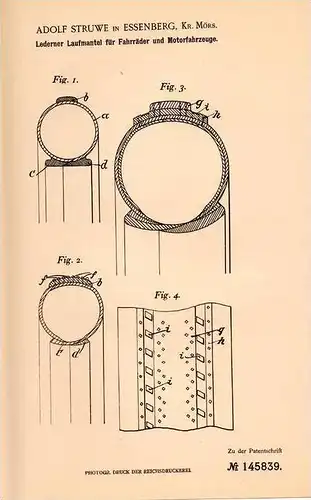 Original Patentschrift - A. Struwe in Essenberg b. Duisburg und Mörs ,1902, Leder - Reifen für Motorfahrzeuge u.Fahrrad