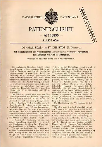 Original Patentschrift - Othmar Skala in St. Christophen / Neulengbach , 1902 , Giftspritze , Gift , Köder !!!