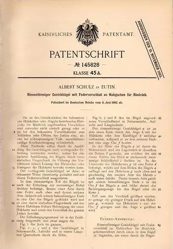 Original Patentschrift - A. Schulz in Eutin , 1902 , Genickbügel für Rindvieh , Rinder , Landwirtschaft !!!