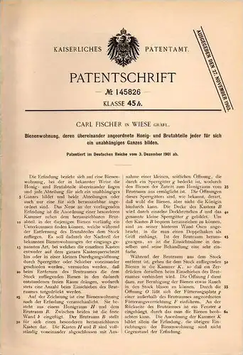Original Patentschrift - C. Fischer in Gräflich Wiese / &#321;&#261;ka Prudnicka , 1901 , Bienenwohnung , Inkerei , Imke