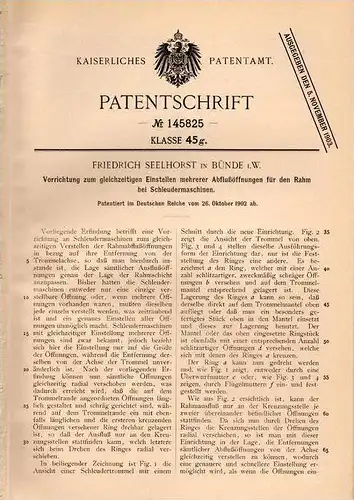 Original Patentschrift - F. Seelhorst in Bünde i.W., 1902 , Einsteller für Rahm bei Schleudermaschinen !!!
