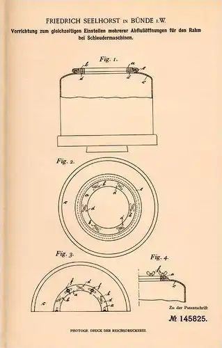 Original Patentschrift - F. Seelhorst in Bünde i.W., 1902 , Einsteller für Rahm bei Schleudermaschinen !!!