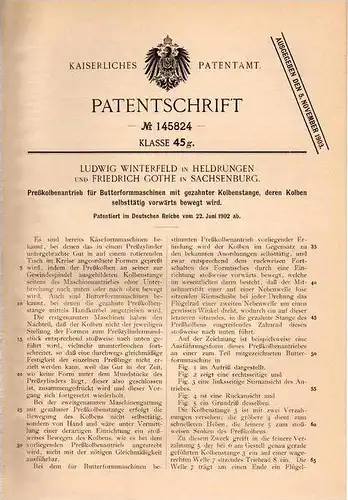 Original Patentschrift - L. Winterfeld und F. Gothe in Heldrungen und Sachsenburg , 1902 , Butter - Formmaschine !!!