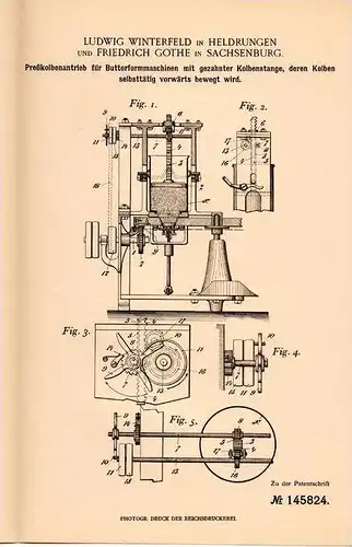Original Patentschrift - L. Winterfeld und F. Gothe in Heldrungen und Sachsenburg , 1902 , Butter - Formmaschine !!!