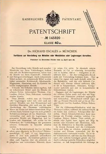 Original Patentschrift - Dr. Richard Escales in München , 1902 , Herstellung von Metallen oder Legierungen !!!