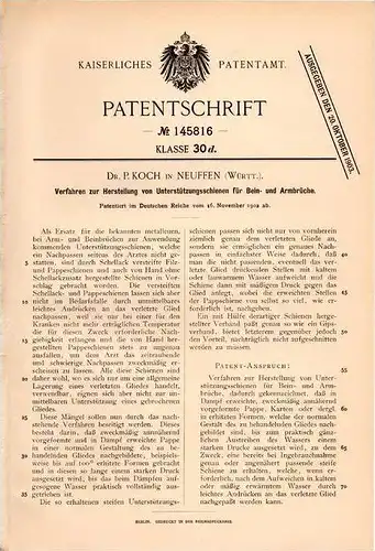 Original Patentschrift - Dr. Paul Koch in Neuffen , Württ., 1902 , Schienen für Bein- und Armbruch , Apotheke  !!!