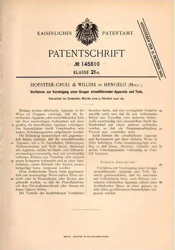 Original Patentschrift - Hofstede - Crull & Willink in Hengelo , 1902 , Vereinigung stromführender Apparate !!!