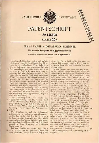 Original Patentschrift - Franz Rawie in Osnabrück - Schinkel , 1902 , Mechanische Zeitsperre !!!