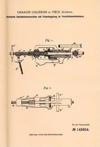 Original Patentschrift - Ch. Gilliéron in Viége / Visp , 1902 , Gesteinbohrmaschine , Bergbau , Tunnelbau !!!