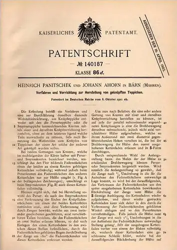 Original Patentschrift - J. Ahorn in Bärn / Moravský Beroun , Mähren , 1901 , geknüpfte Teppiche , Teppich , Perser !!!