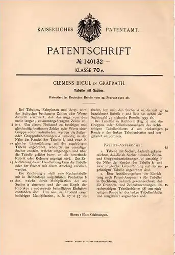 Original Patentschrift - Clemens Breul in Gräfrath b. Solingen , 1902 , Tabelle mit Sucher , Fahrplan !!!