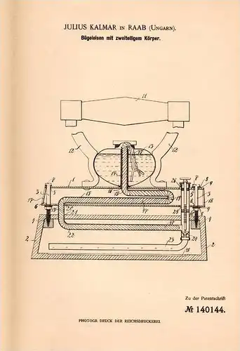Original Patentschrift - Zweiteiliges Bügeleisen , 1901 , J. Kalmar in Raab / Györ , Ungarn !!!