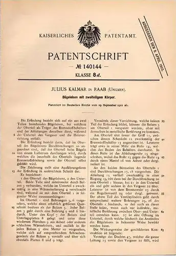 Original Patentschrift - Zweiteiliges Bügeleisen , 1901 , J. Kalmar in Raab / Györ , Ungarn !!!