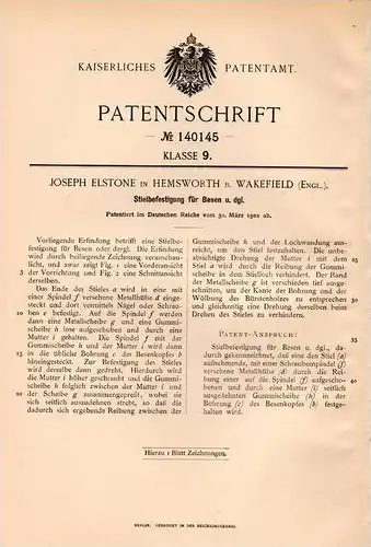 Original Patentschrift - J. Elstone in Hemsworth b. Wakefield , 1902 , Beesen - Stielbefestigung !!!