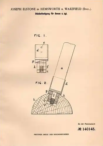 Original Patentschrift - J. Elstone in Hemsworth b. Wakefield , 1902 , Beesen - Stielbefestigung !!!