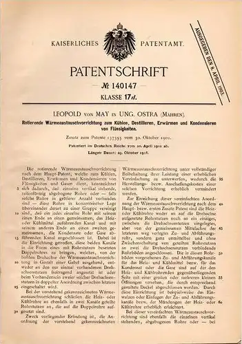 Original Patentschrift - Leopold von May in Ungarisch Ostra , 1902 , Rotierender Wärmetauscher , Uhersky Ostroh!!!