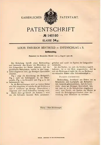 Original Patentschrift - L. Berthold in Erfenschlag i.S., 1902 , Bettbeschlag !!!