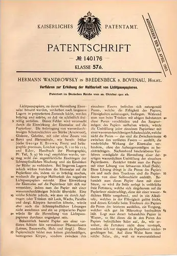 Original Patentschrift - H. Wandrowsky in Bredenbek b. Bovenau , Holstein , 1901 , Lichtpauspapier , Pauspapier !!!