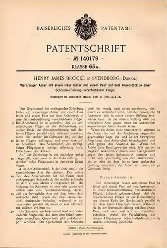 Original Patentschrift - H. Brooke in Svendborg , Dänemark , 1902 , Vierarmiger Anker für Schiffe , Schiff , Boot !!!