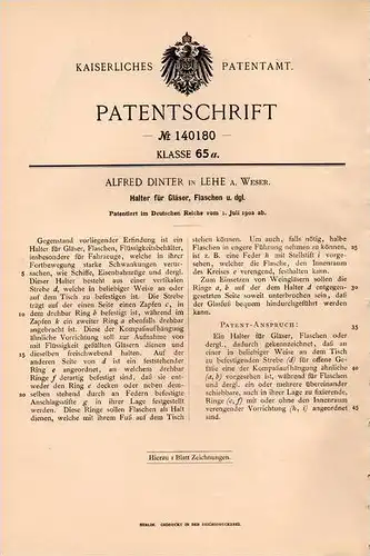Original Patentschrift - Alfred Dinter in Lehe a.d. Weser , 1902 , Halter für Gläser nd Flaschen !!!