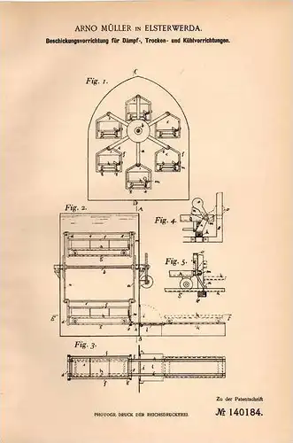 Original Patentschrift - Arno Müller in Elsterwerda , 1902 , Beschickungsapparat für Dämpf-, Trocken- und Kühlanlagen !!