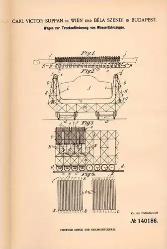 Original Patentschrift - Carl Victor Suppan in Wien und Béla Szendi , 1901 , Trockenförderung von Booten , Schiffe !!!
