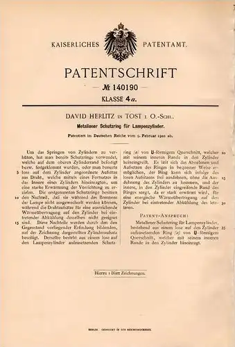 Original Patentschrift - David Herlitz in Tost / Toszek , Oberschlesien , 1902 , Schutzring aus Metall für Lampen !!!