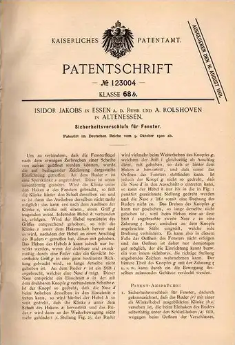 Original Patentschrift - A. Rolshoven in Essen und Altenessen , 1900 , Fenster - Sicherheitsverschluß !!!