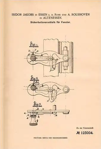 Original Patentschrift - A. Rolshoven in Essen und Altenessen , 1900 , Fenster - Sicherheitsverschluß !!!