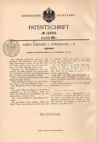 Original Patentschrift - A. Triedgen in Nordhausen a. Harz , 1900 , Zapfenband für Tür  !!!