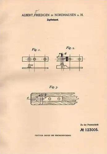 Original Patentschrift - A. Triedgen in Nordhausen a. Harz , 1900 , Zapfenband für Tür  !!!