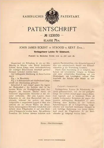 Original Patentschrift - J. Eckert in Strood b. Kent , 1900 , Leisten für Schuhe , Schuhmacher , Schuster !!!