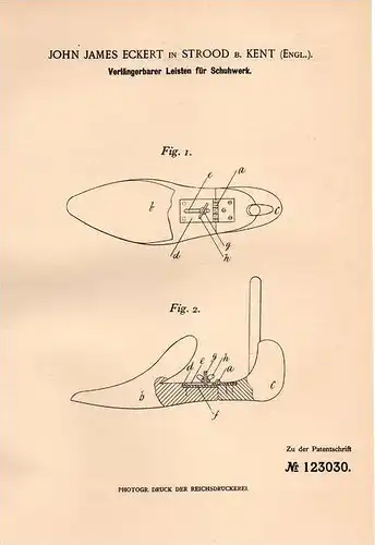 Original Patentschrift - J. Eckert in Strood b. Kent , 1900 , Leisten für Schuhe , Schuhmacher , Schuster !!!