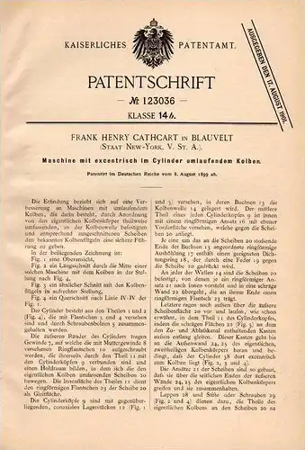 Original Patentschrift - F. Cathcart in Blauvelt , New York , 1899 , Maschine mit excentrisch umlaufendem Kolben !!!