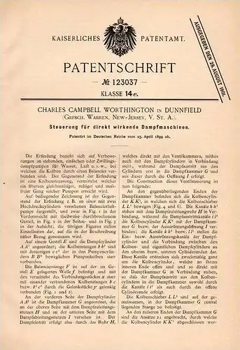 Original Patentschrift - C. Worthington in Dunnfield , New Jersey , 1899 , Steuerung für Dampfmaschine !!!