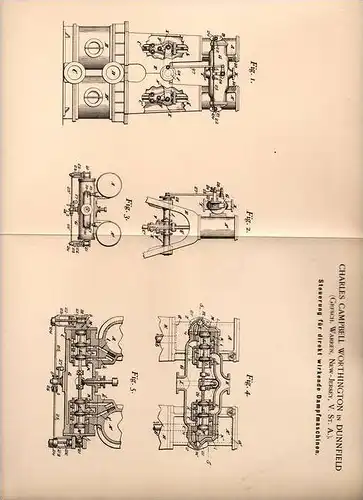 Original Patentschrift - C. Worthington in Dunnfield , New Jersey , 1899 , Steuerung für Dampfmaschine !!!