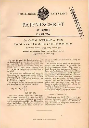 Original Patentschrift - Dr. Caesar Pomeranz in Wien , 1900 , Darstellung von Isochavibetol , Chemie !!!