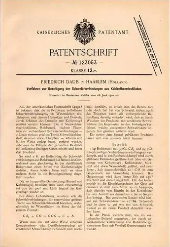 Original Patentschrift - Friedrich Daub in Haarlem , 1900 , Schwefel aus Kohlenteer - Destilat , Chemie !!!