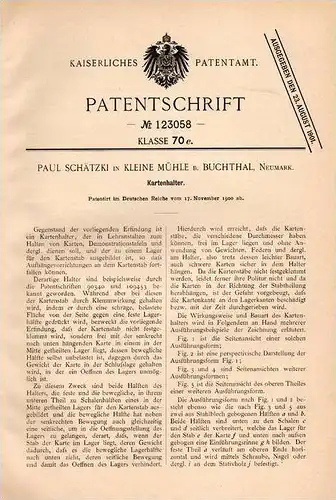 Original Patentschrift - P. Schätzki in Kleine Mühle b. Buchthal und Arnswalde , Neumark , 1900 , Kartenhalter !!