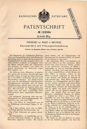 Original Patentschrift - Frédéric de Mare in Brüssel , 1900 , Vaccuumröhre mit Flüssigkeitskühlung !!!